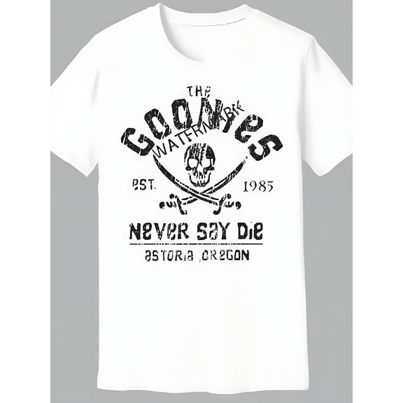 Mens Womens Goonies Graphic T-Shirt | Black with Skull Crossbones, Round Neck, Short Sleeve, Casual Attire, Comfortable, 1985 Inspired, Nostalgic 80s Apparel, Machine Washable, Relaxed Fit,