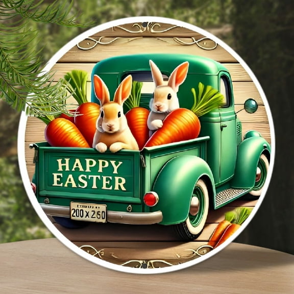 Vibrant Happy Easter Bunny Round Metal Sign - Colorful Spring Wreath Wall Art for Home, Cafe & Restaurant Decor, Durable, Easy to Hang, Perfect for Indoor and Outdoor Use