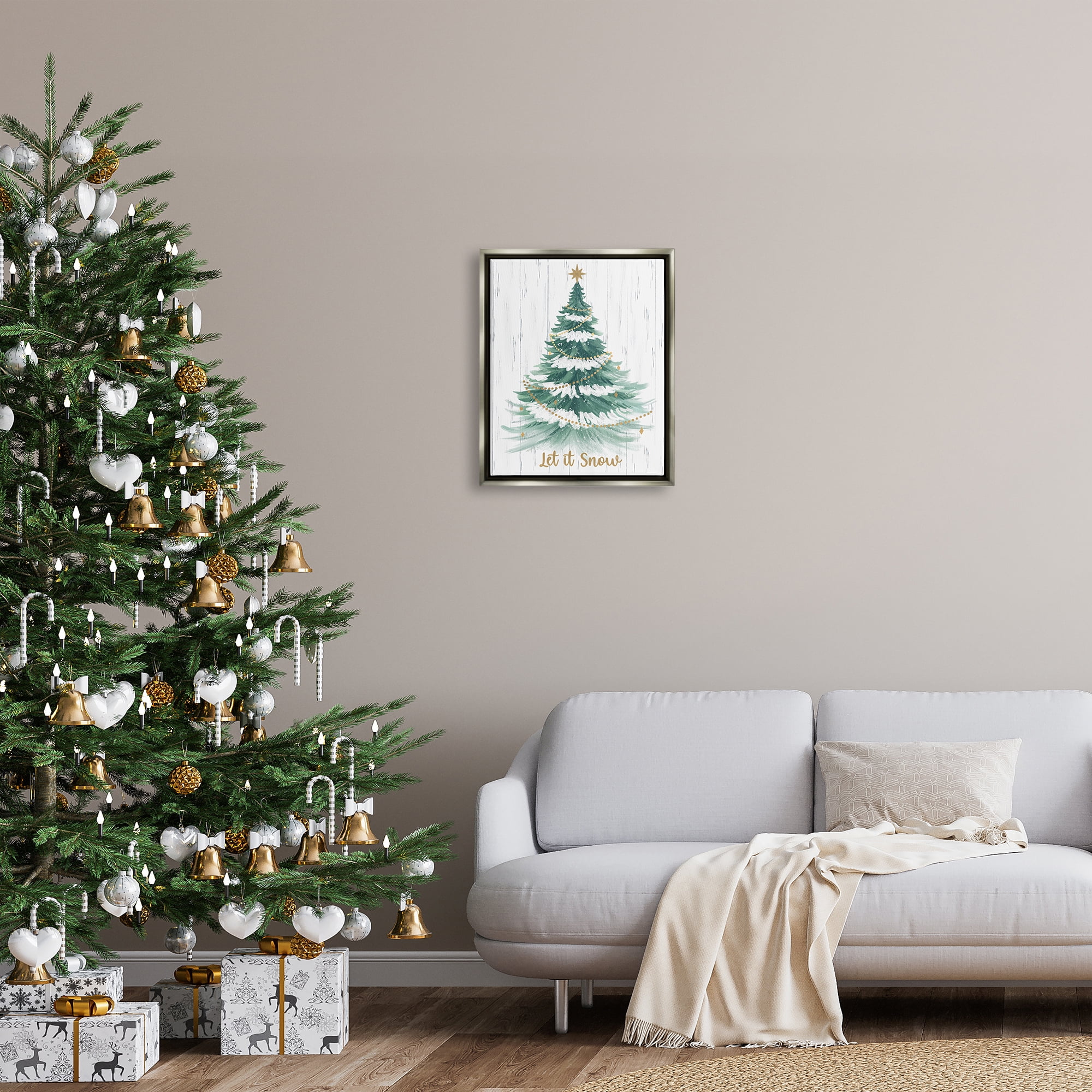Stupell Industries Let it Snow Rustic Tree Holiday Painting Gray Floater Framed Canvas Art Print Wall Art, 17 x 21