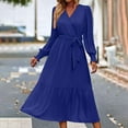 thumbnail image 4 of Lovskoo Women's Long Sleeve Boho Dresses V Neck with Belt Solid Color Flowy Maxi Dresses Tiered Blue, 4 of 8