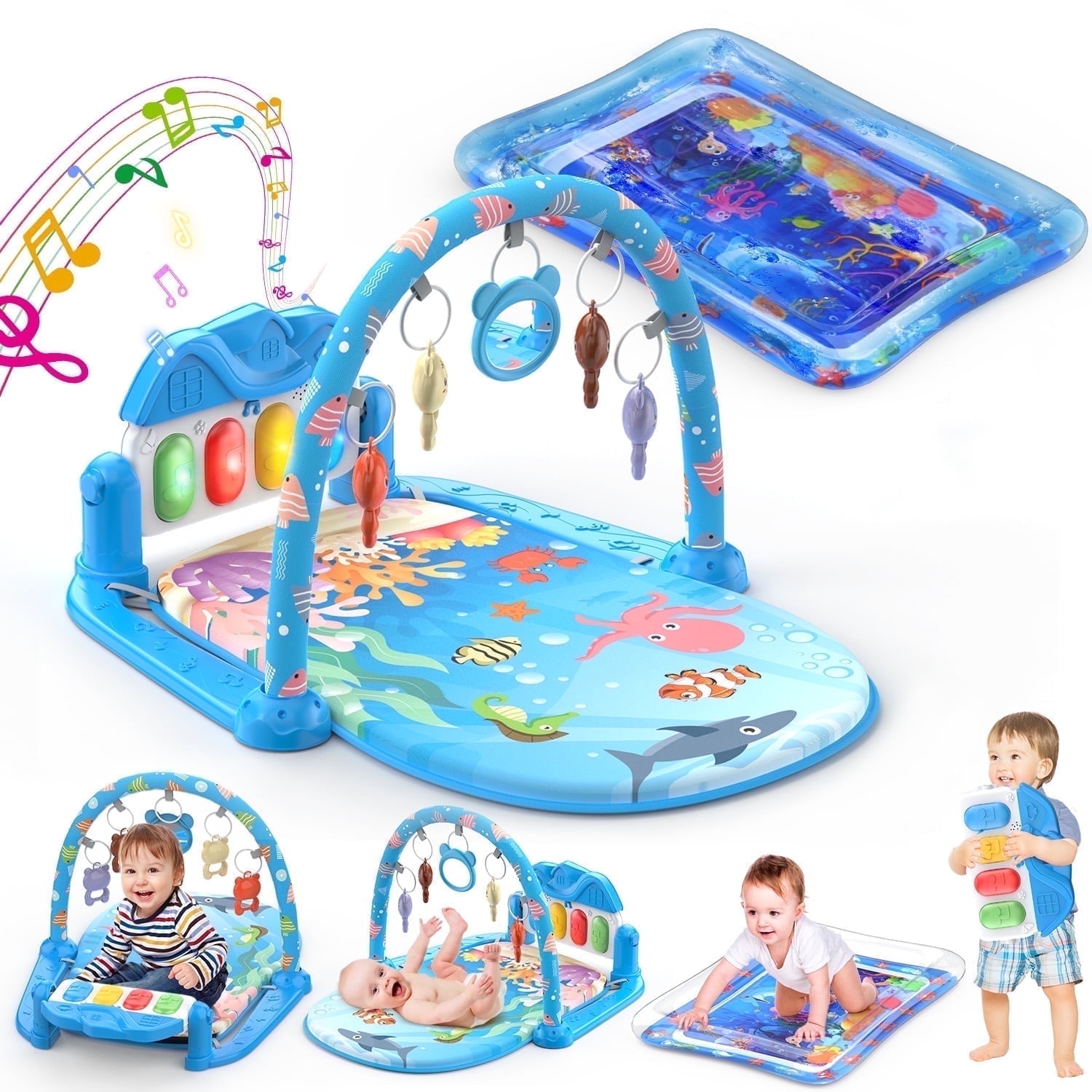 WonderStone 2-in-1 Baby Gym with Water Mat and Play Piano, Blue photo 1