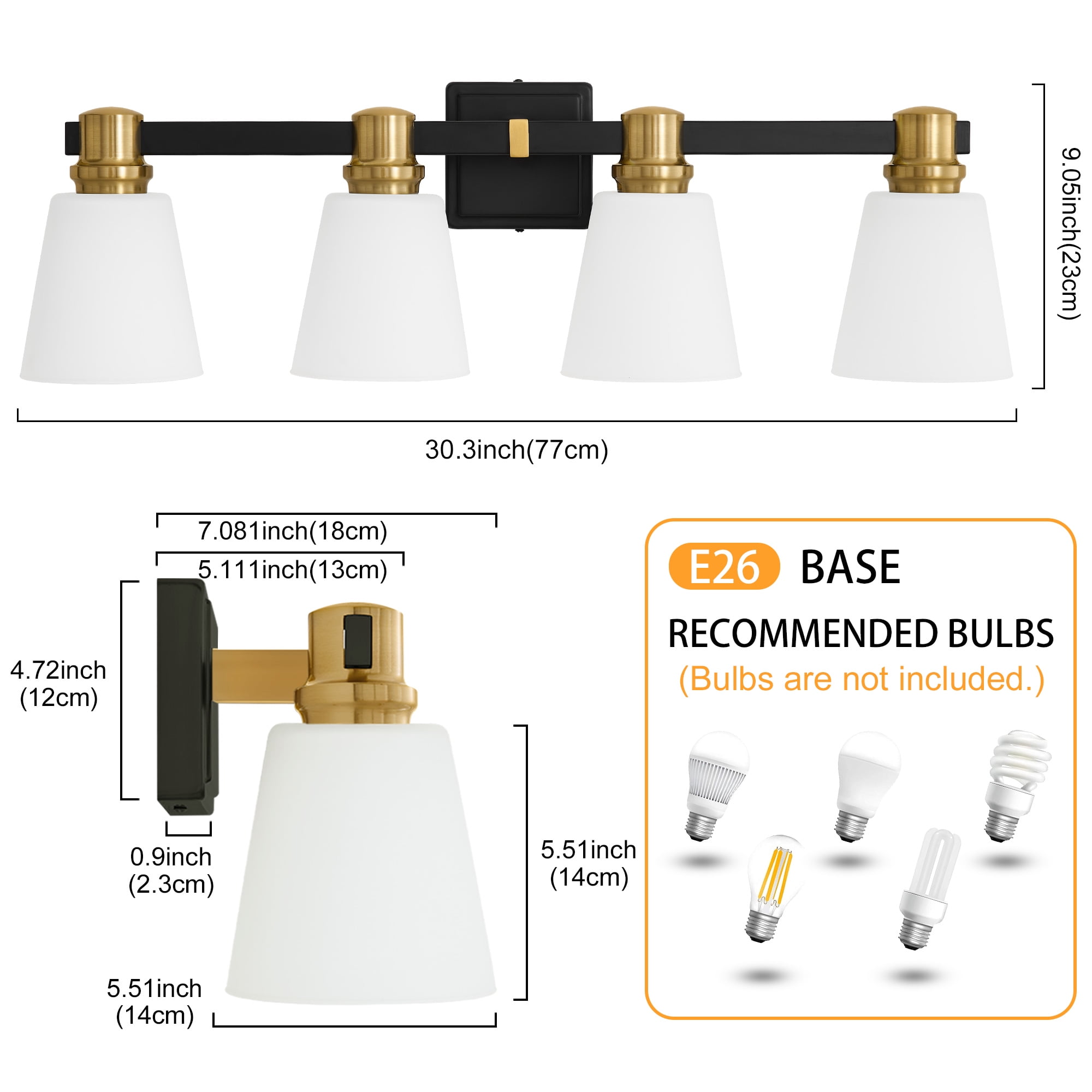 Deyidn 30" 4-Light Vanity Light, Black Gold Dimmable Bathroom Light Fixture with Milk White Cone Shades for Modern Farmhouse