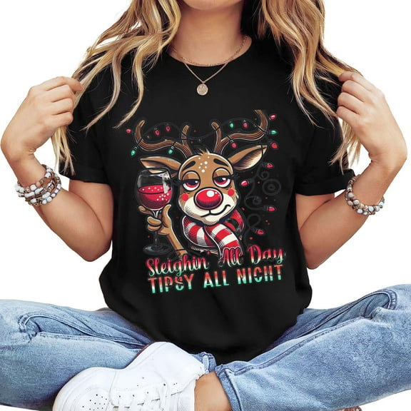 Women's Long Sleeve Crew Neck Reindeer Graphic T-Shirt - "Sleighin' All Day" Festive Holiday Casual Tee