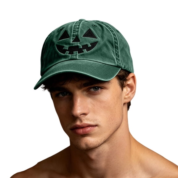 SYMOID Embroidered Pumpkin Face Dad Hat, Washed Cotton Adjustable Baseball Cap for Men Women Green Hats,Size Free Size