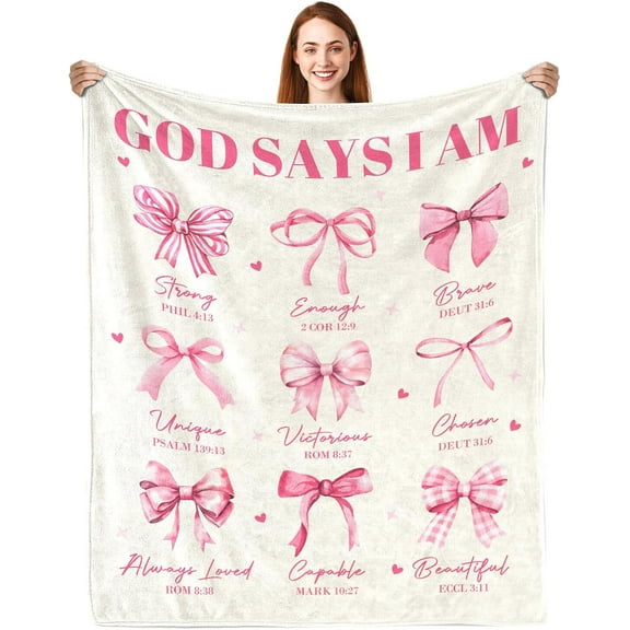 Christian Gifts for Women, God Says I Am Blanket 50"X60", Inspirational Religious Birthday Gifts for Coquette Pink Bow Bible Verse Blanket, Christian Faith Jesus God Prayer Gift for Christmas