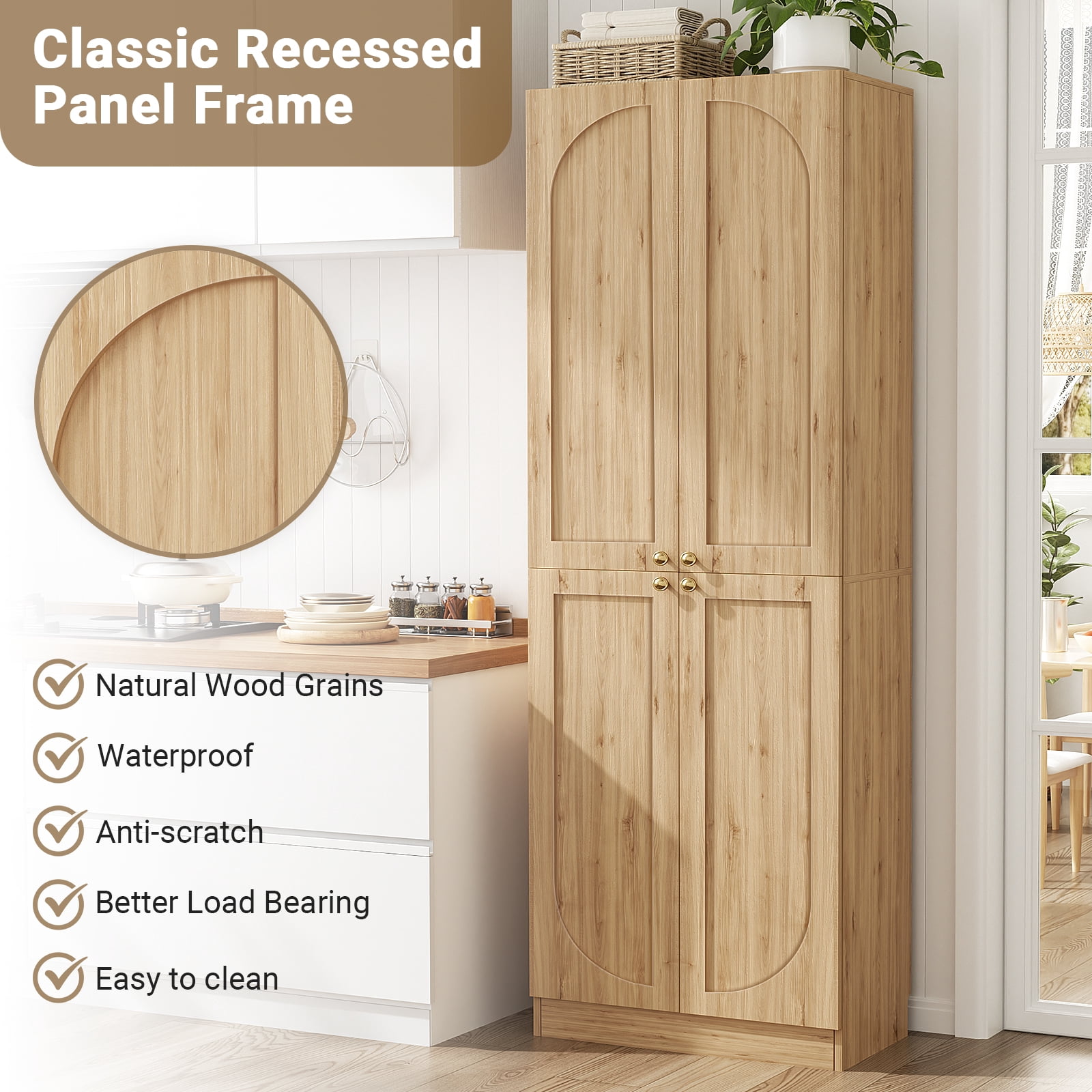 Homieasy 80" Kitchen Pantry Cabinet, Extra Tall Arch Storage Cabinet, Natural