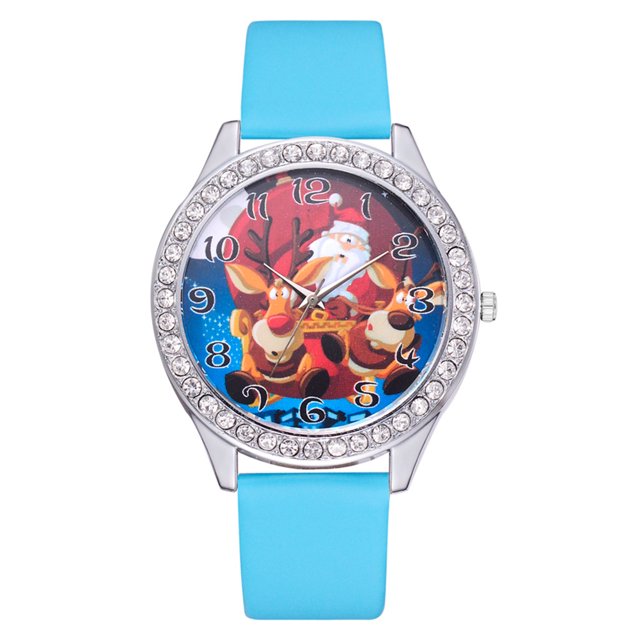 Reloj de pulsera de mujer con correa de piel sintética de color azul cielo y elegante reloj de cuarzo con diamantes de imitación