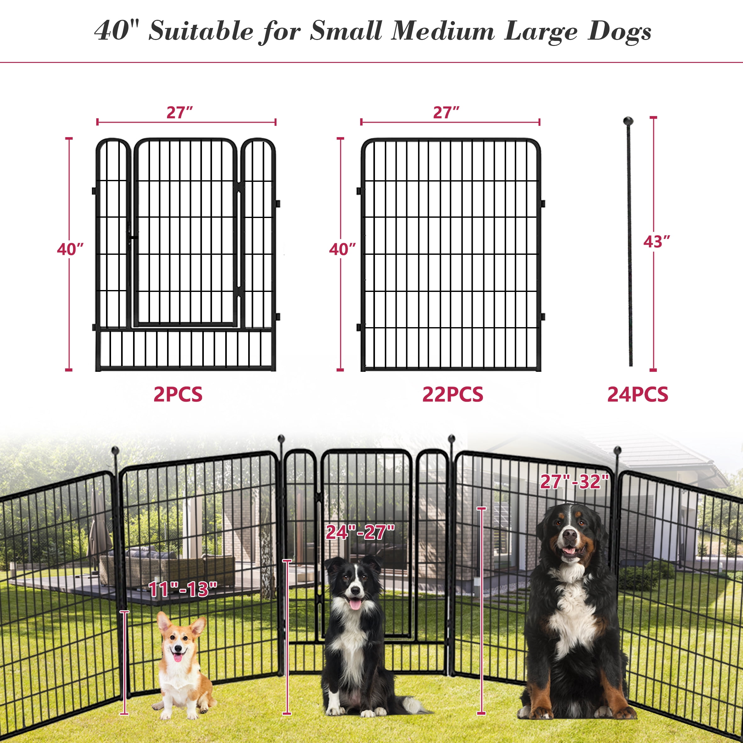 Jhsomdr 40" Height Heavy Duty Metal Dog Playpen 24 Panels Exercise Pens Foldable Fence, with Gates Indoor Outdoor for Puppy RV Camping Yard