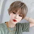 thumbnail image 2 of Korean Fashion 11 Inch Cool Short Bob Wig for Women, Natural Straight Synthetic Short Cosplay Wigs with Bangs For Cosplay and Daily Wear D-128, Honey Tea Linen, 2 of 5