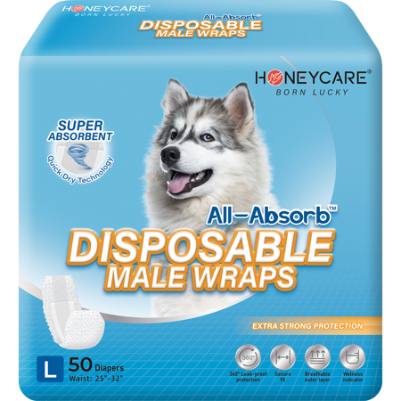 UPC: 0851937005275 | Honey Care All-Absorb A24 Male Dog Wrap 32 Count Large Super Absorbent Breathable Wetness Indicator