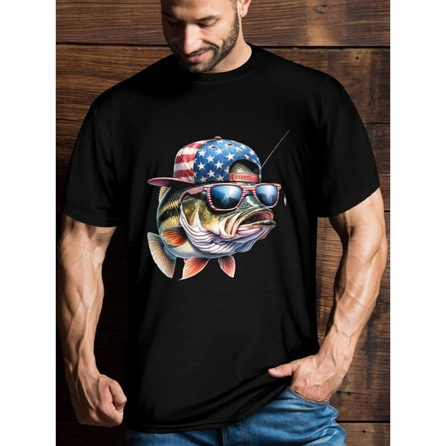 Camiseta divertida con frase de pescador y bandera estadounidense para hombre, manga corta, algodón, cuello redondo.