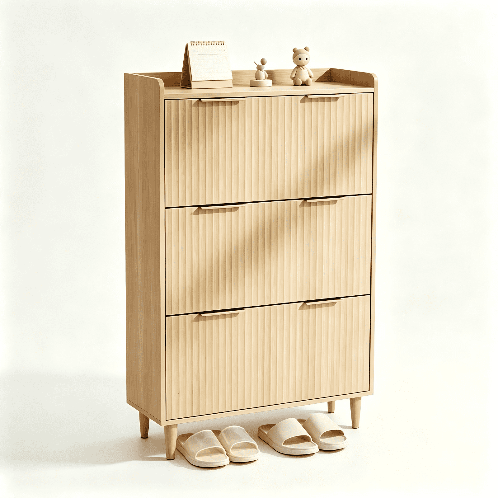 3-Drawer Shoe Cabinet with Top Grille Panel MDF Door Panels with Thermoforming + Champagne Gold Door Seams and Handles + Conical Legs for the Shoe Cabinet, 31.61*14.17*52.95in, Oak
