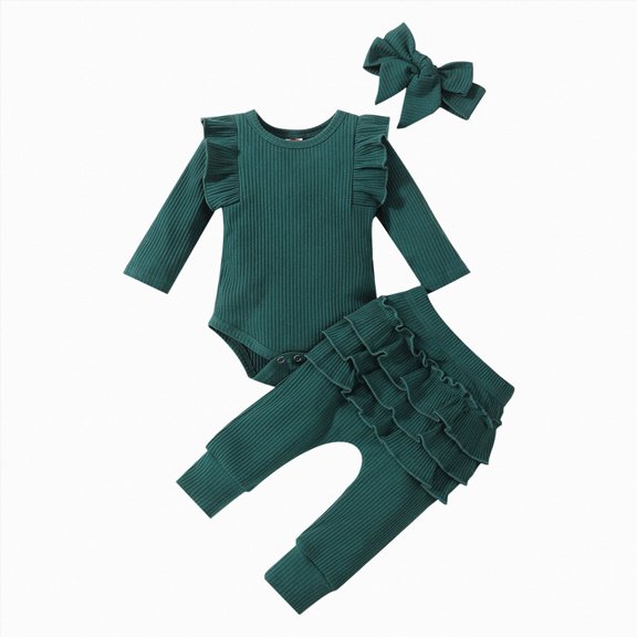 Xyant Baby Girl Clothes Fall Winter Newborn Romper Long Sleeve Infant Outfits 3Pcs Ruffle Tops Pants Headband Set Baby Clothes Girl (Green,3-6 Months)