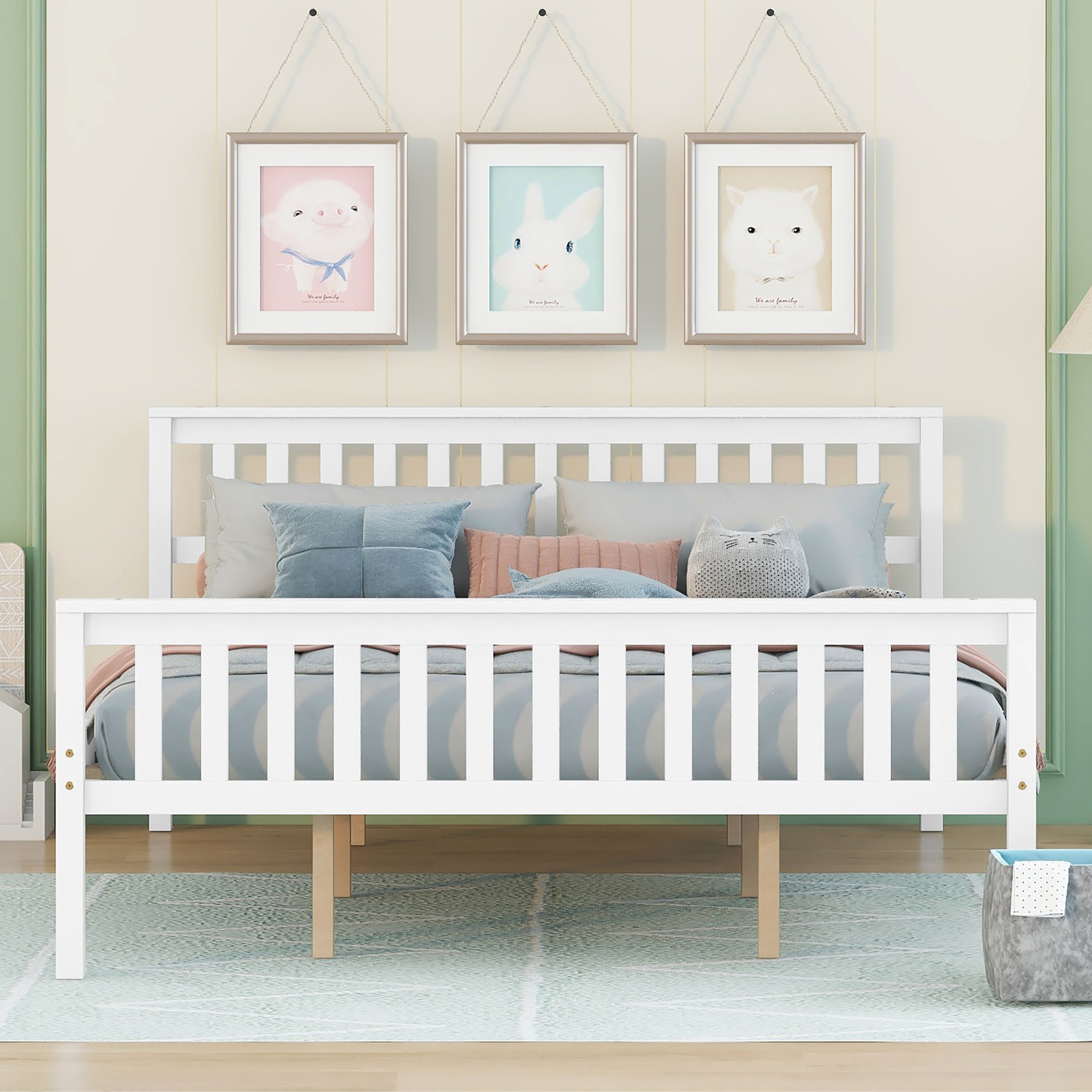 SYNGAR White Queen Bed Frame with Headboard and Footboard, Solid Wood