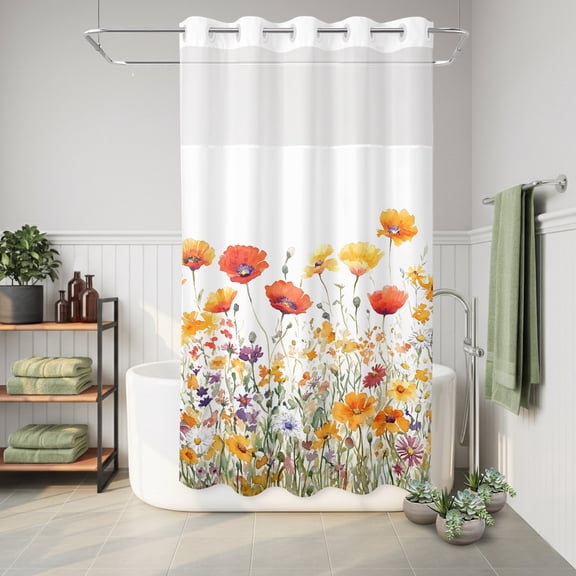 No Hook Shower Curtain Red Yellow Floral Waterproof Fabric Shower Curtain Spring Country Hotel Style Bathroom Curtain with See Through Top Window Machine Washable 36x72in