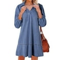 thumbnail image 2 of Denim Dress for Women Summer Casual Babydoll 2026 V Neck 3/4 Puff Sleeve Jean Dresses Sea Blue S, 2 of 9