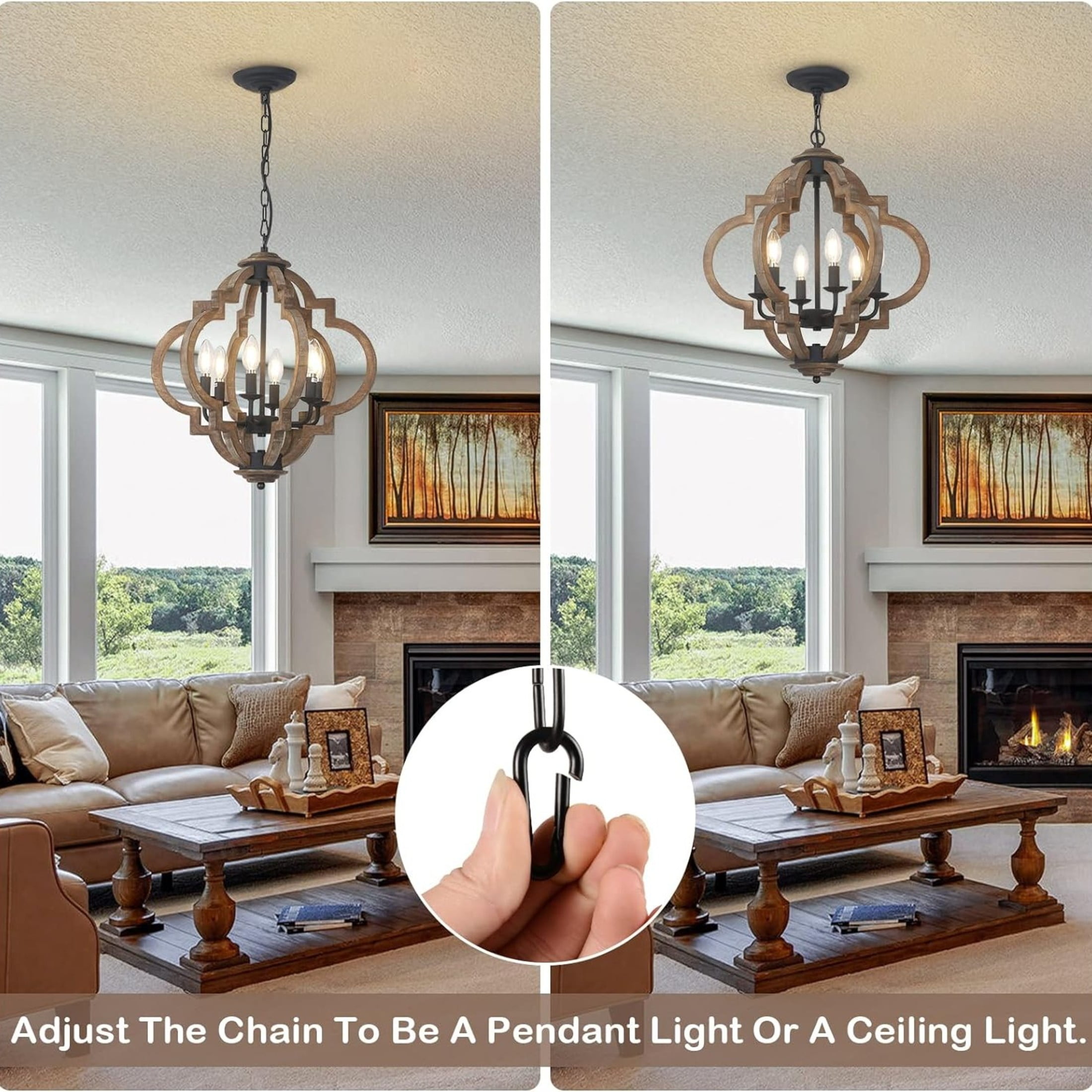 Noble House 6-Light Farmhouse Orb Chandelier, Adjustable Height, for Bedrooms Entryway Living Room, Wood
