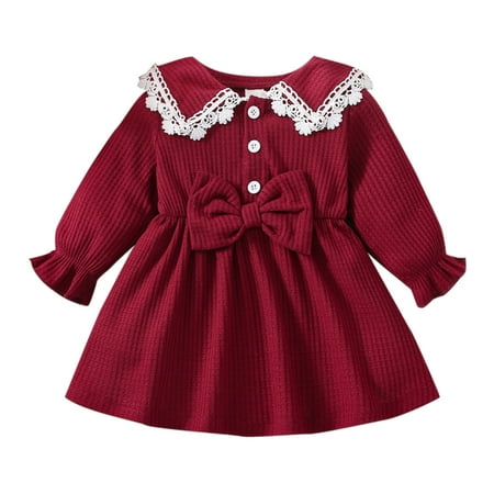 

Little Girls Dresses Toddler Long Sleeve Corduroy Ruffles Ribbed Buttons Bowknot Dresses Princess Dress