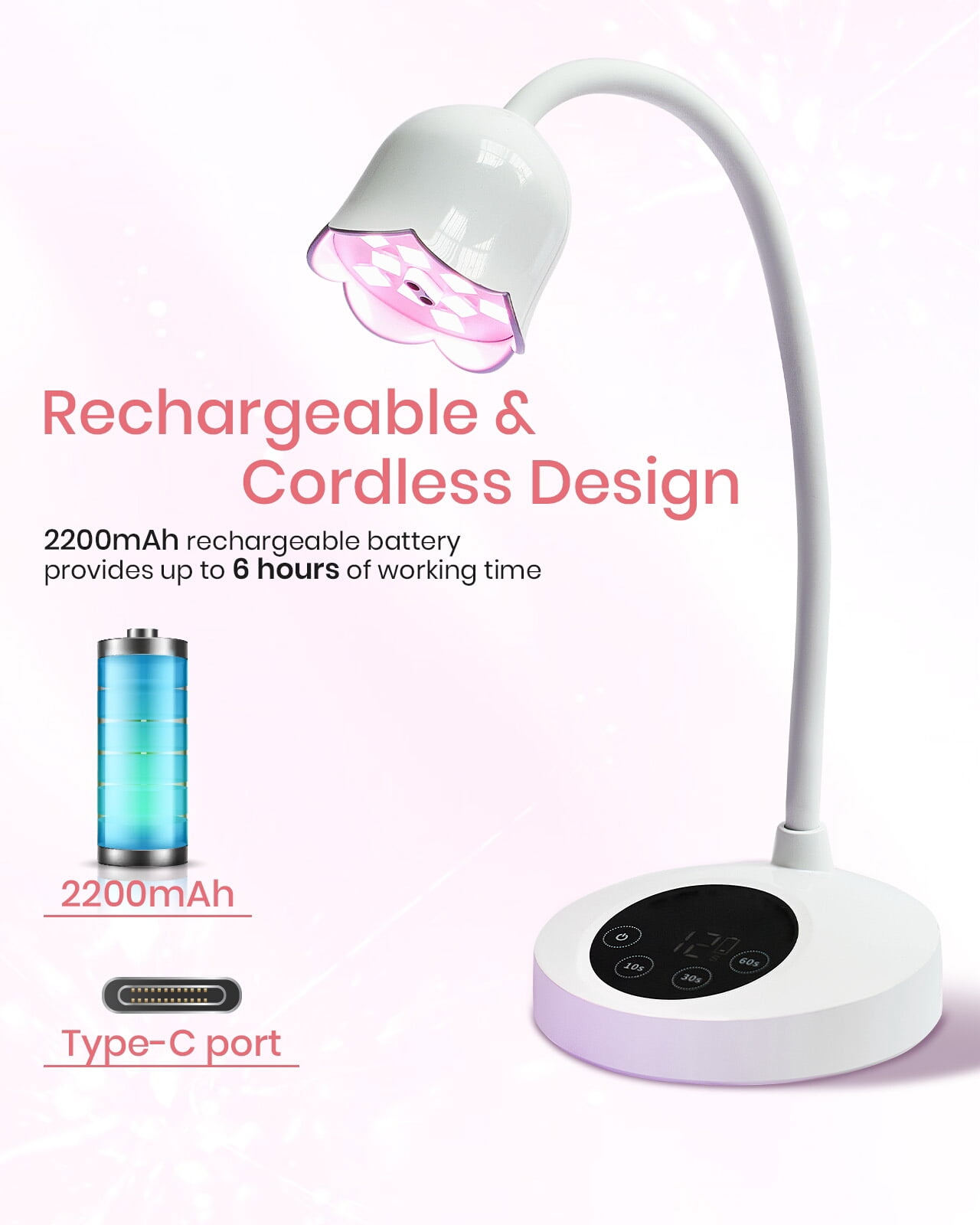 RUBY VIBE CO ShinePro UV/LED Nail Lamp, Professional Nail Curing Handheld Light, White, Rechargeable, Three Timer Modes, 5V/2A