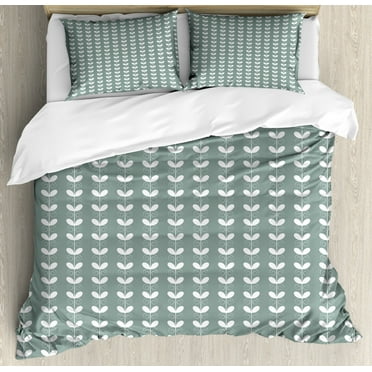 Nature Duvet Cover Set, Retro Textured French Late Baroque Style Tulip Branches Botany Inspired, Decorative 3 Piece Bedding Set with 2 Pillow Shams, King Size, Pale Sage Green White, by Ambesonne