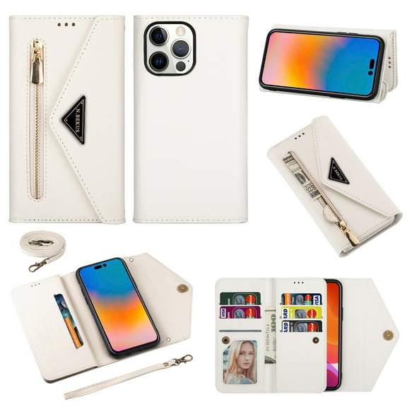 Nalacover for iPhone 13 Pro Wallet Case,360 Protection PU Leather and Soft TPU Magnetic Flip Folding Kickstand Card Slots Zipper Pocket Shockproof Cover with Crossbody Shoulder Strap.White