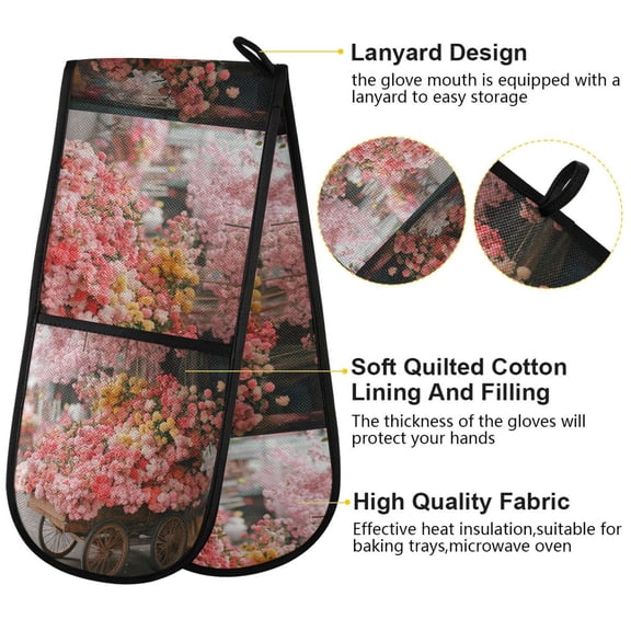 BZSMCE Oven Mitts Cart Filled with Colorful Flowers Creative Pattern Resistant Kitchen Gloves