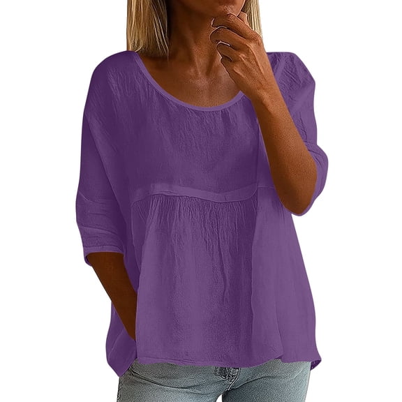 Fashion Women's Summer Solid Color Three-Quarters Sleeve Top Casual Wrinkles Layers Design Round Neck Loose Plus Size Tunic Shirt