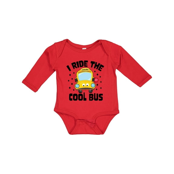 Inktastic I Ride the Cool Bus with Yellow Bus Boys or Girls Long Sleeve Baby Bodysuit