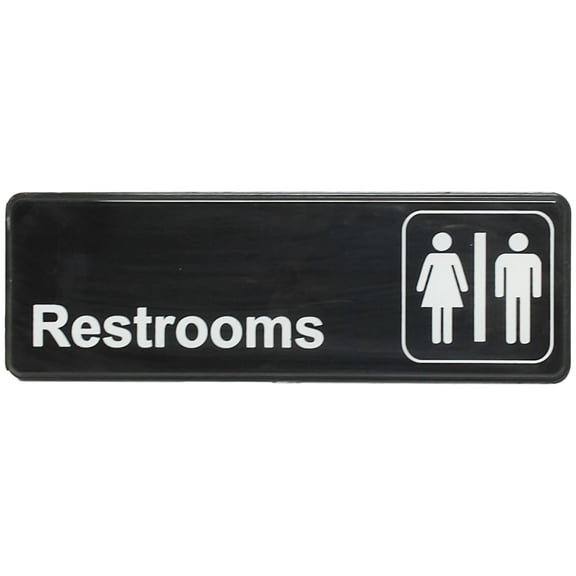 Excellante White on black 9 x 3 inch information sign with symbols - restrooms, comes in each
