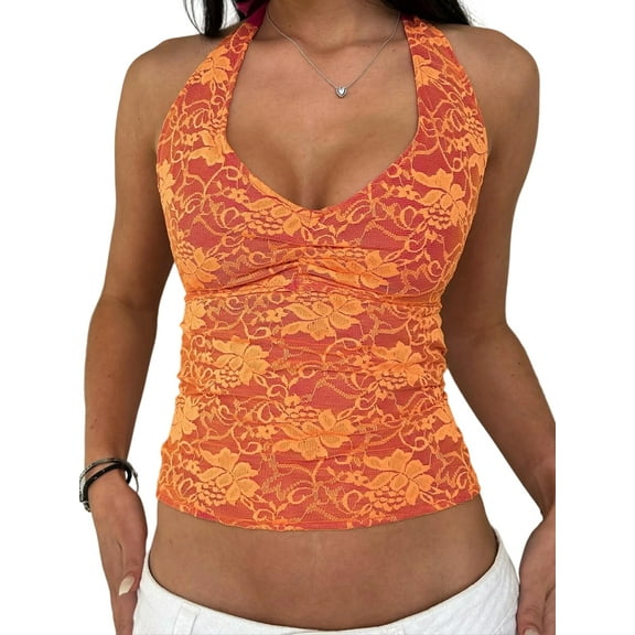 Rdhnmea Women's Lace Halter Tank Tops Sleeveless Backless Slim Vest