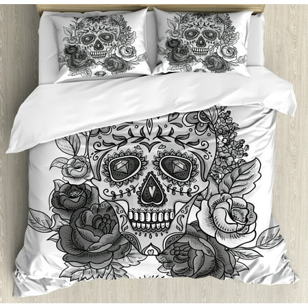 Black And White Skull Bedding Sugar Skull Decor Queen Size Duvet Cover Set, Monochrome Skull Roses Leaves and Diamond Shape Folklore Festival, Decorative 3 Piece Bedding Set with 2 Pillow Shams, Grey Black White, by Ambesonne ()