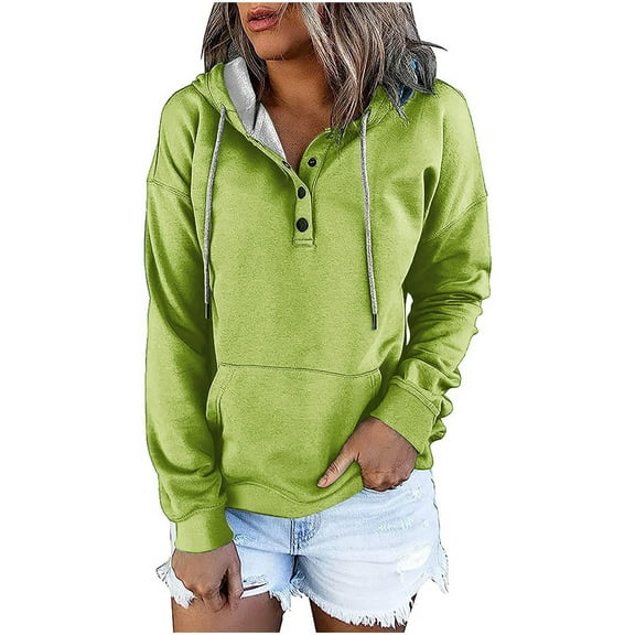 QUYUON Women's Pullover Hoodies Tops Casual Button up Long Sleeve Sweatshirts with Pocket Drawstring Soft Light Weight Hooded Sweatshirt Solid Color Loose Fit Hoodies Shirts Green M