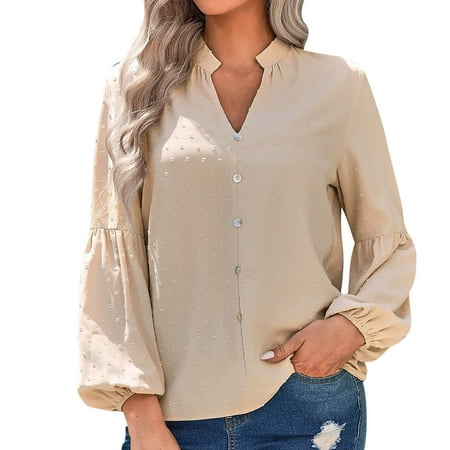 

Women s Casual V Neck Long Puff Sleeve Shirts Tops Ladies Solid Color Swiss Dot Chiffon Blouse Pullover