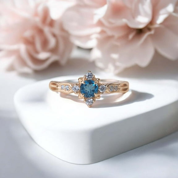 SHREENATHJEWELRY 6MM / 2CT Round Shape Topaz Proposal Ring CZ Diamond Halo Proposal Jewelry November Birthstone Gift Ring