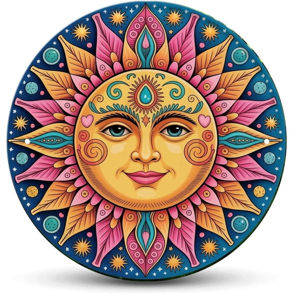 Smiling Sun tin sign, Vintage Bohemian Sun metal sign Print Aesthetic Room Decoration for Home Bedroom Bar Cafe Garden and Outdoor Round Wall Decor (8 inch)