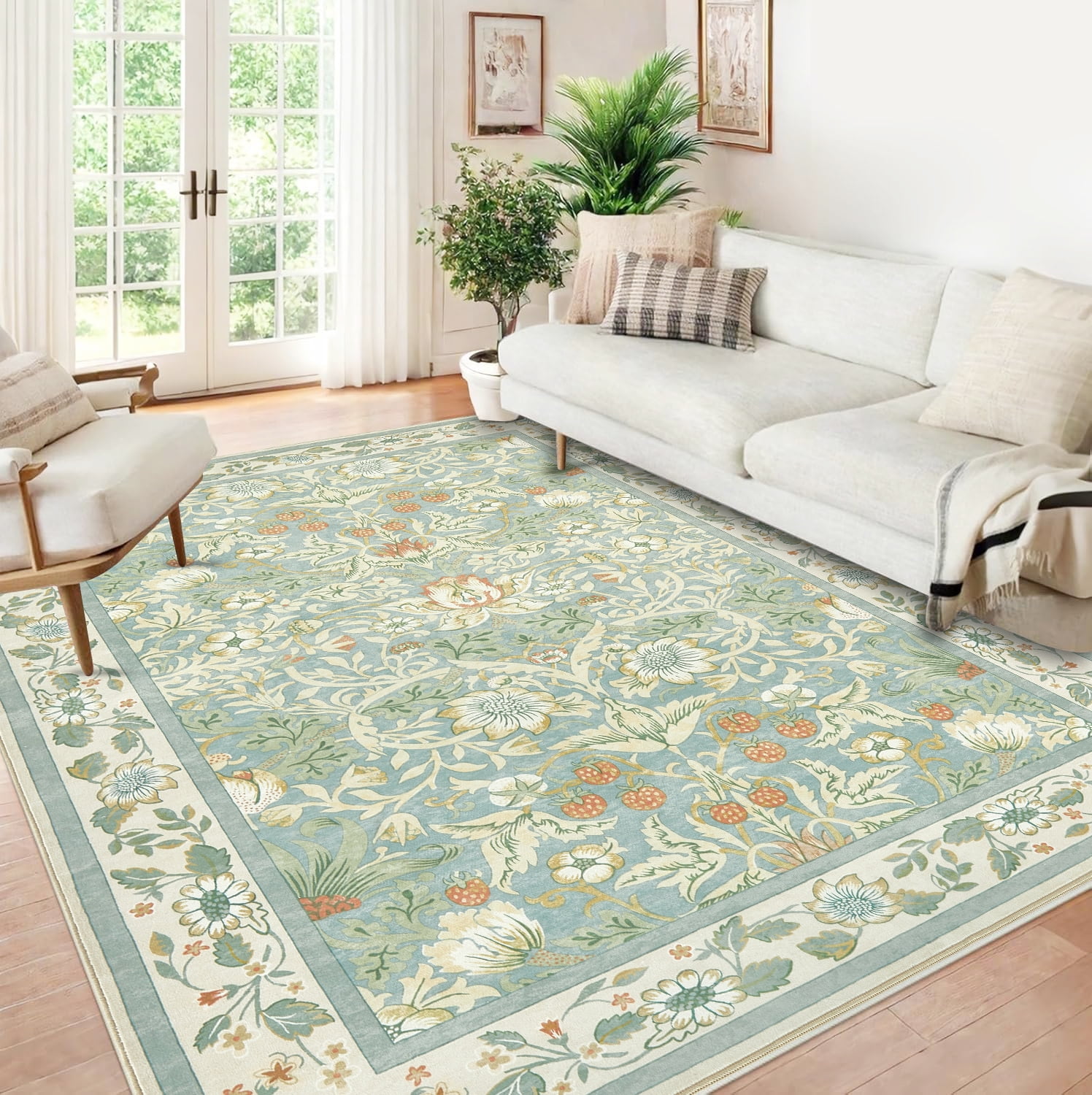 Toyoso 9x12 Area Rug Living Room Rugs - Washable Vintage Floral Soft Thin Large Rug Indoor Floor No Slip Rug Carpet for Bedroom Under Dining Table Home Office Decor - Blue Green