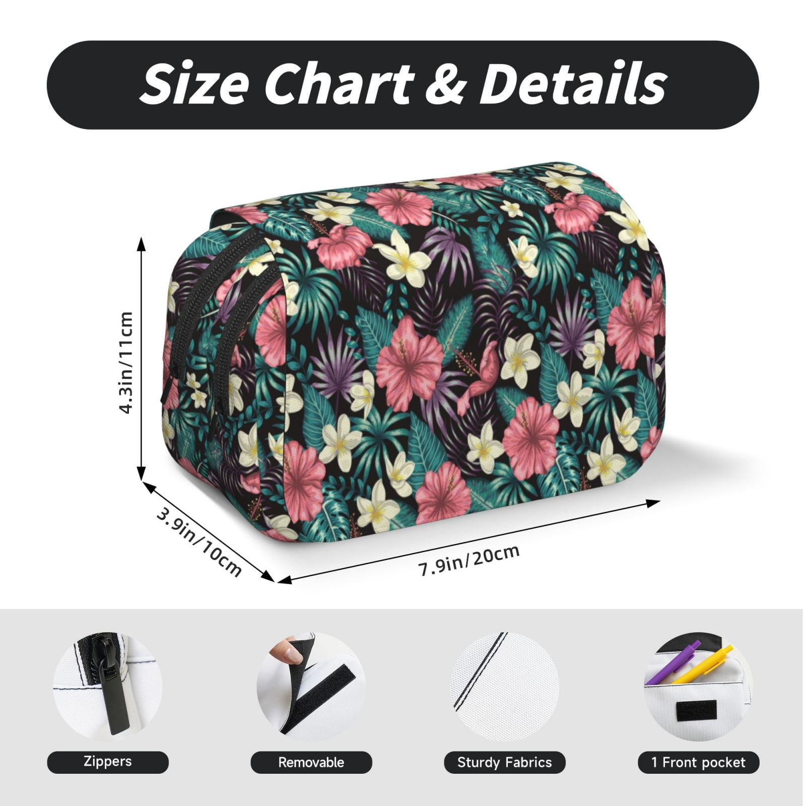 Rateoe Green Tropical Leaves Pattern Double Clamshell Pen Case, Storage Organizer with Two Zipper Compartments– Holds Up to 50 Pencils & Pens