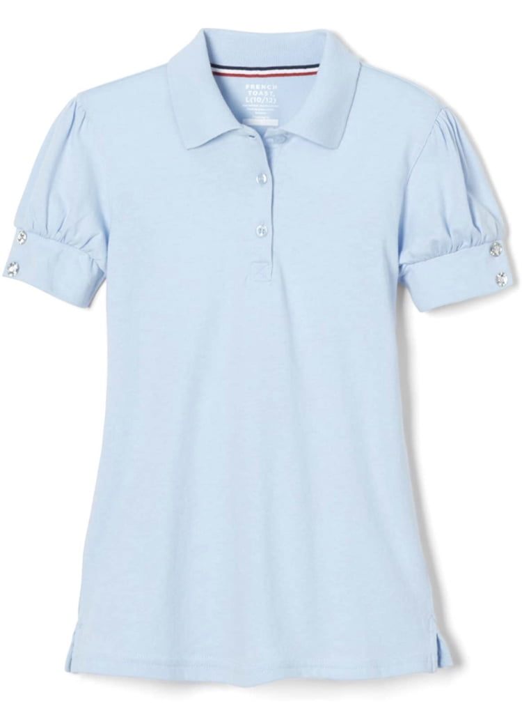 French Toast Girls' School Uniform Puff-Sleeve and rhinestone buttons Polo Light Blue Size 4/5