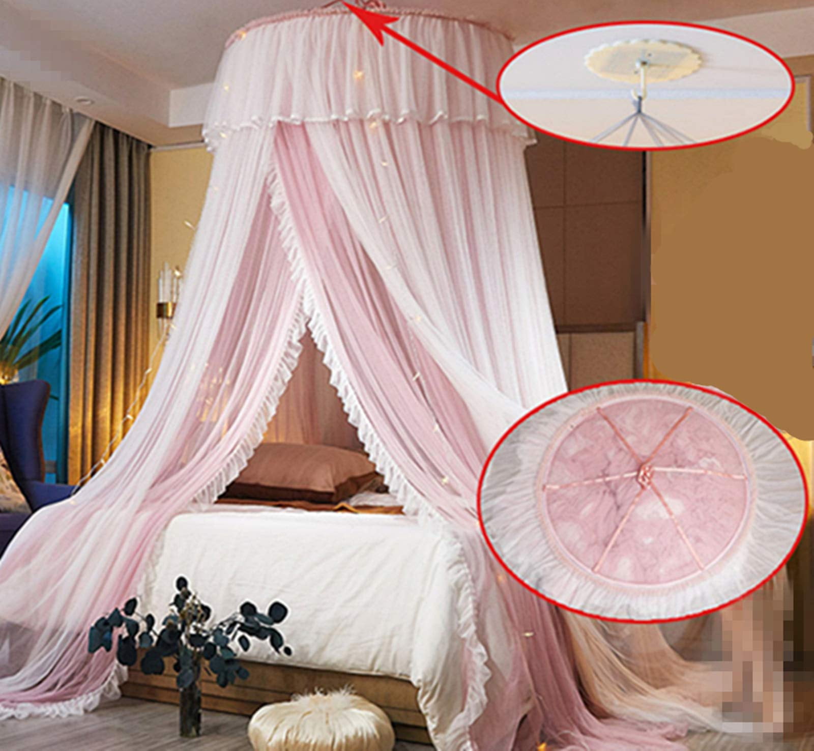 Bed Princess For Curtain Double Layer Sheer Mesh Dome Curtain- Round Lace Mosquito Net Tent Full Queen King Bed(pink/white)