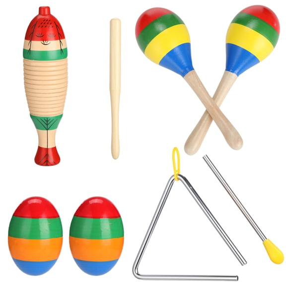 7 Pcs Colorful Wooden & Steel Latin Percussion Instrument Set, Includes 2 Guiros with Mallet, 2 Maracas, 2 Egg Shakers, and 1 Triangle with Striker, Rhythmic Musical Instruments for Adults, Beginner