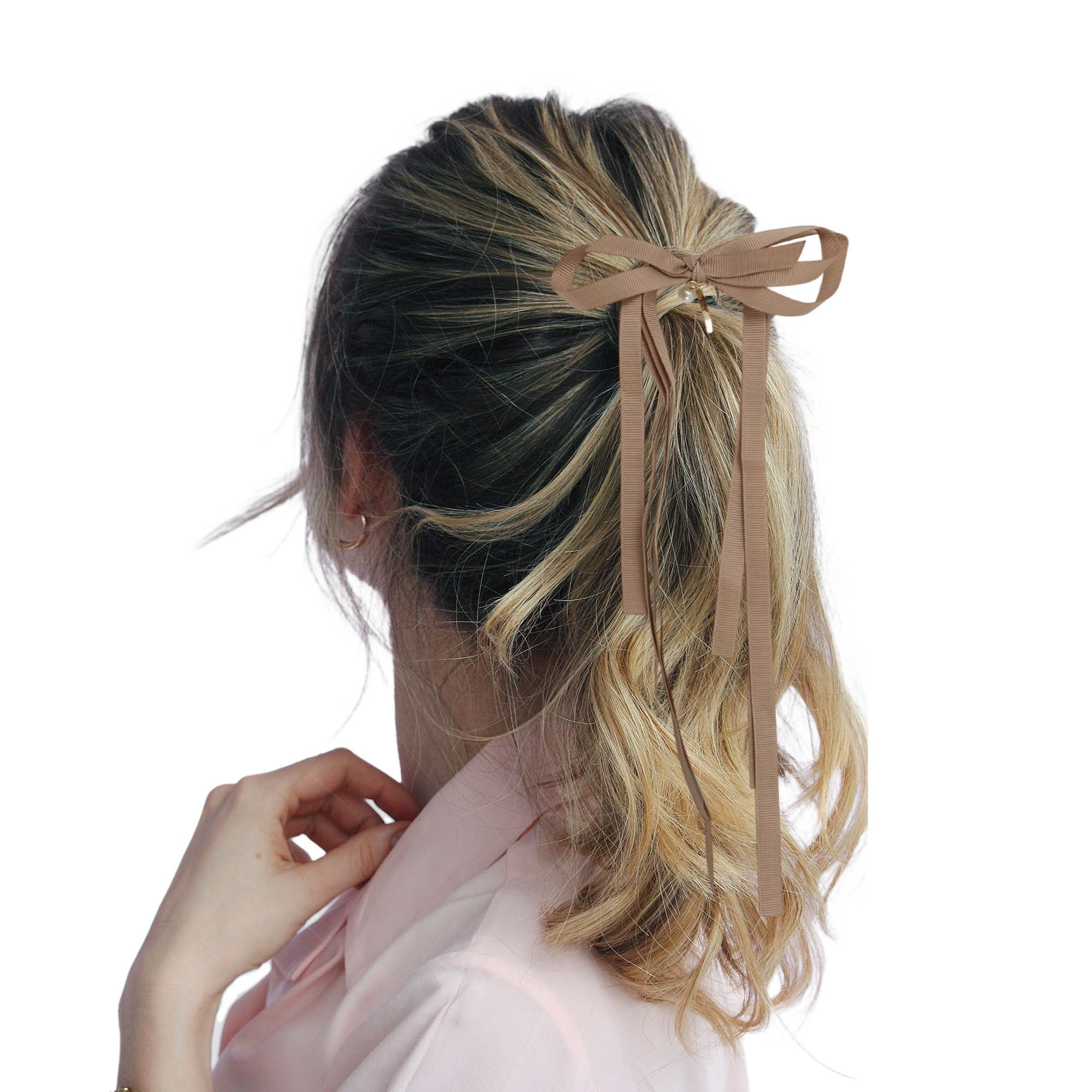 Unique Bargains Stylish Ribbon Bow Ponytail Buckle Hair Clip for Women 1 Pc Khaki