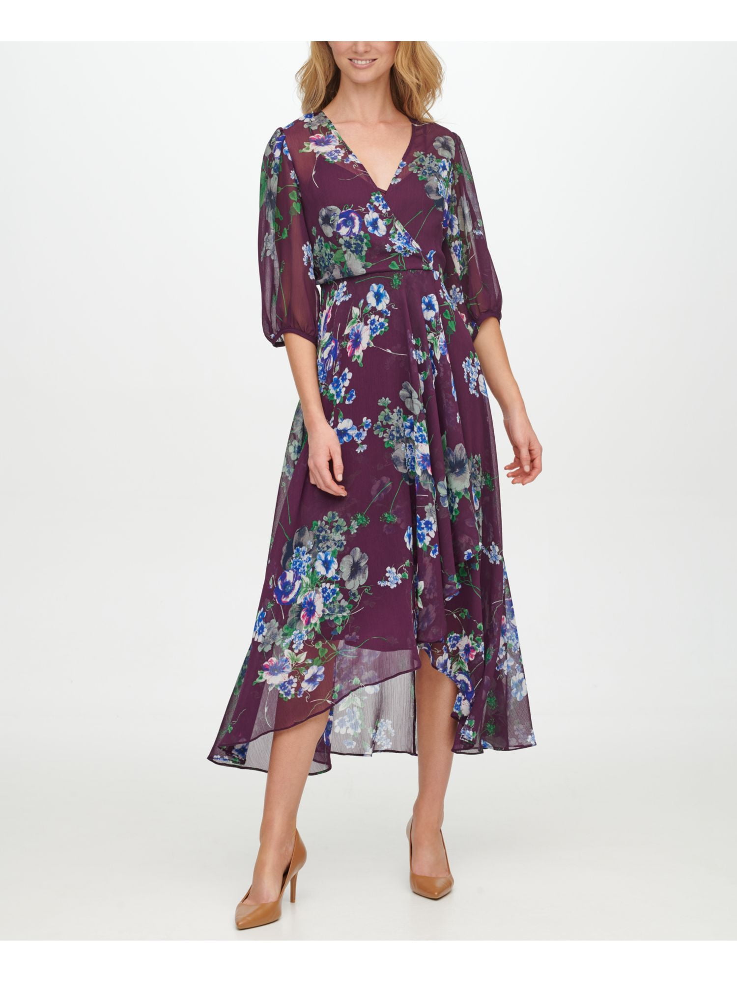 Calvin Klein Womens Floral Print Faux Wrap Maxi Dress Purple 12 -  