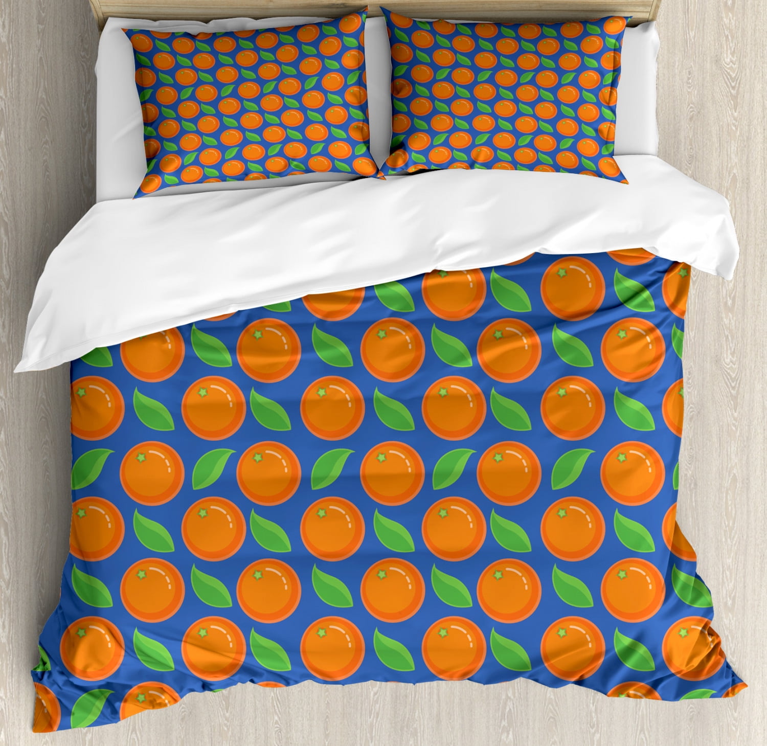 Orange King Size Duvet Cover Set, Graphic Ripe Citrus Fruit Pattern with Green Leaves on Blue