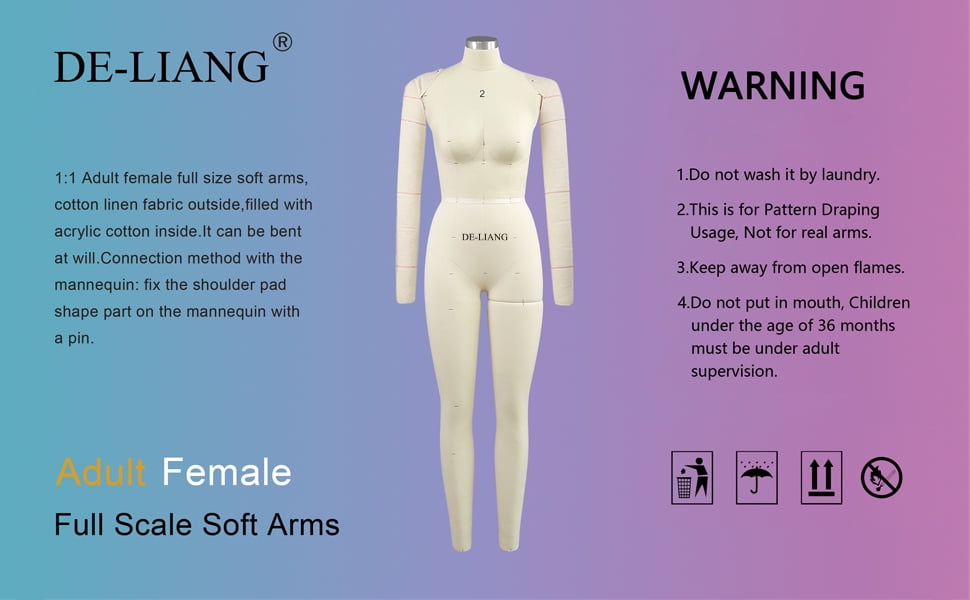 DE-LIANG 1:1 Adult Female Dress form's Soft arms for Sewing, Fully pinnable Tailor Mannequin Dressmaker dummy's Cotton Draping arms,arms for Pattern Making, Adult Full Size