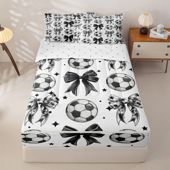 Homewish Black Bow Soccer Pattern Zipper Full Size Comforter Sets with Fitted Sheet and 2 Pillowcases, Cute Sport Zipper Bedding Set for Girls and Boys, Reversible, 4pcs
