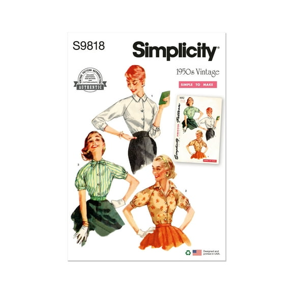 Simplicity Sewing Pattern 9818 - Misses' Blouses, Vintage 1950's "Simple To Make", Size: R5 (14-16-18-20-22)