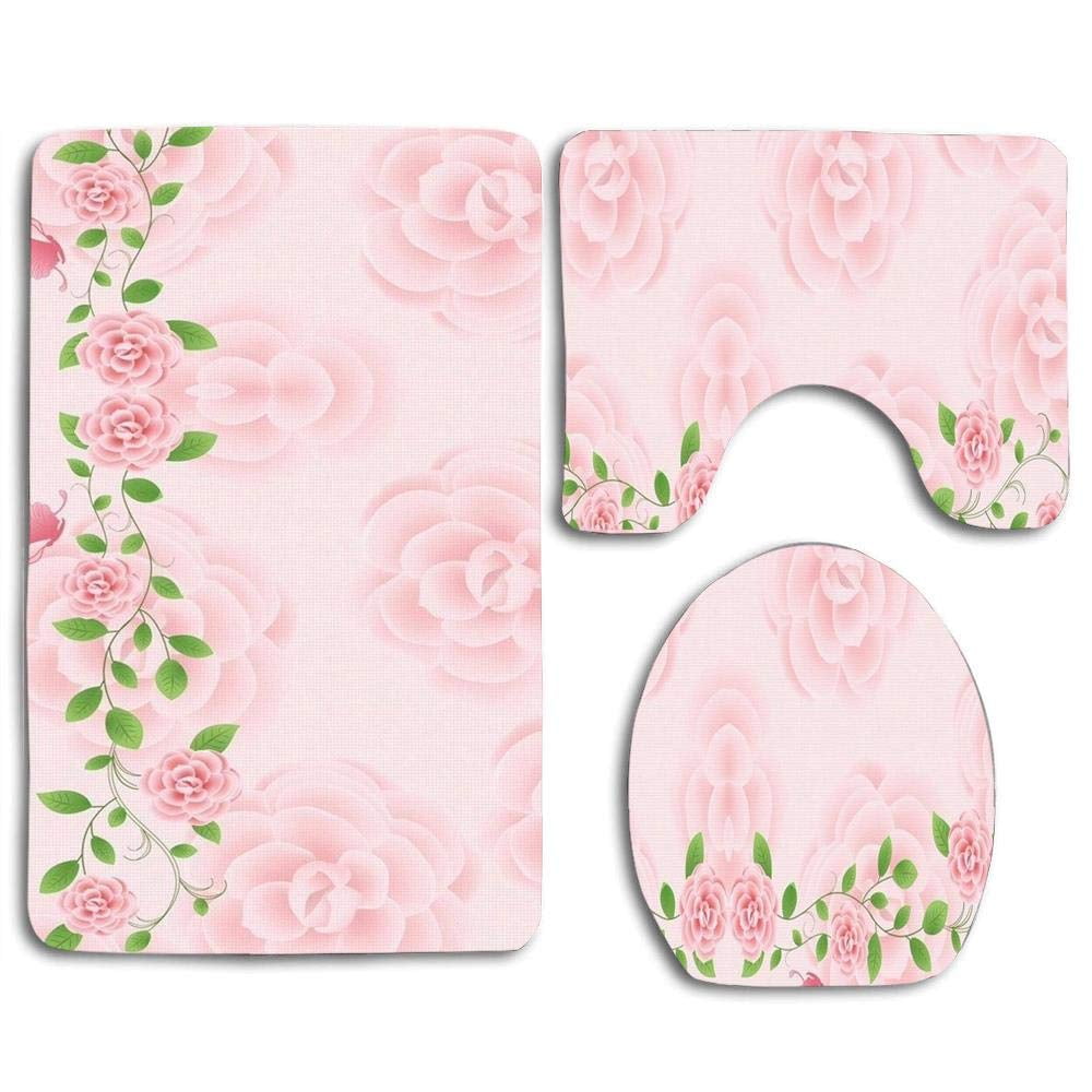 CHAPLLE Pink Roses 3 Piece Bathroom Rugs Set Bath Rug Contour Mat and