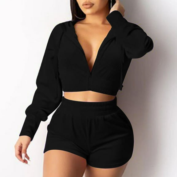 Sriper 2 Piece Sets Women Summer Lounge Outfits Zip Up Long Sleeve Crop Sweatshirt Soild Drawstring Hooded Hoodie High Waisted Shorts Pants Sweatpants Workout Matching Clothing Fit Jogging Hiking Gym