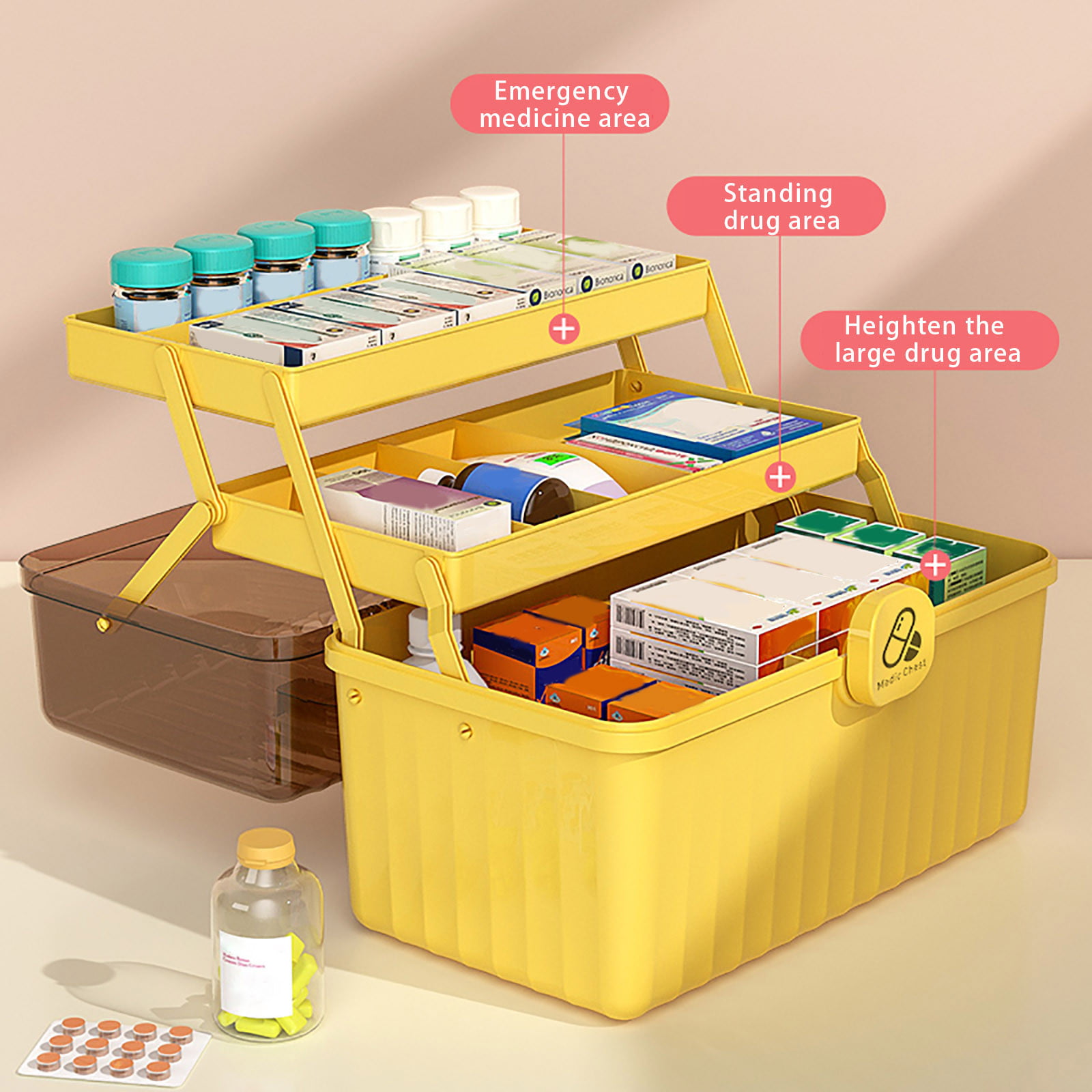 Mairuker First Aid Medicine Box 3-Tier Fold Tray Medicine Storage  Containers with Removable Pill Case Family First Aid Box with Handled for  Art