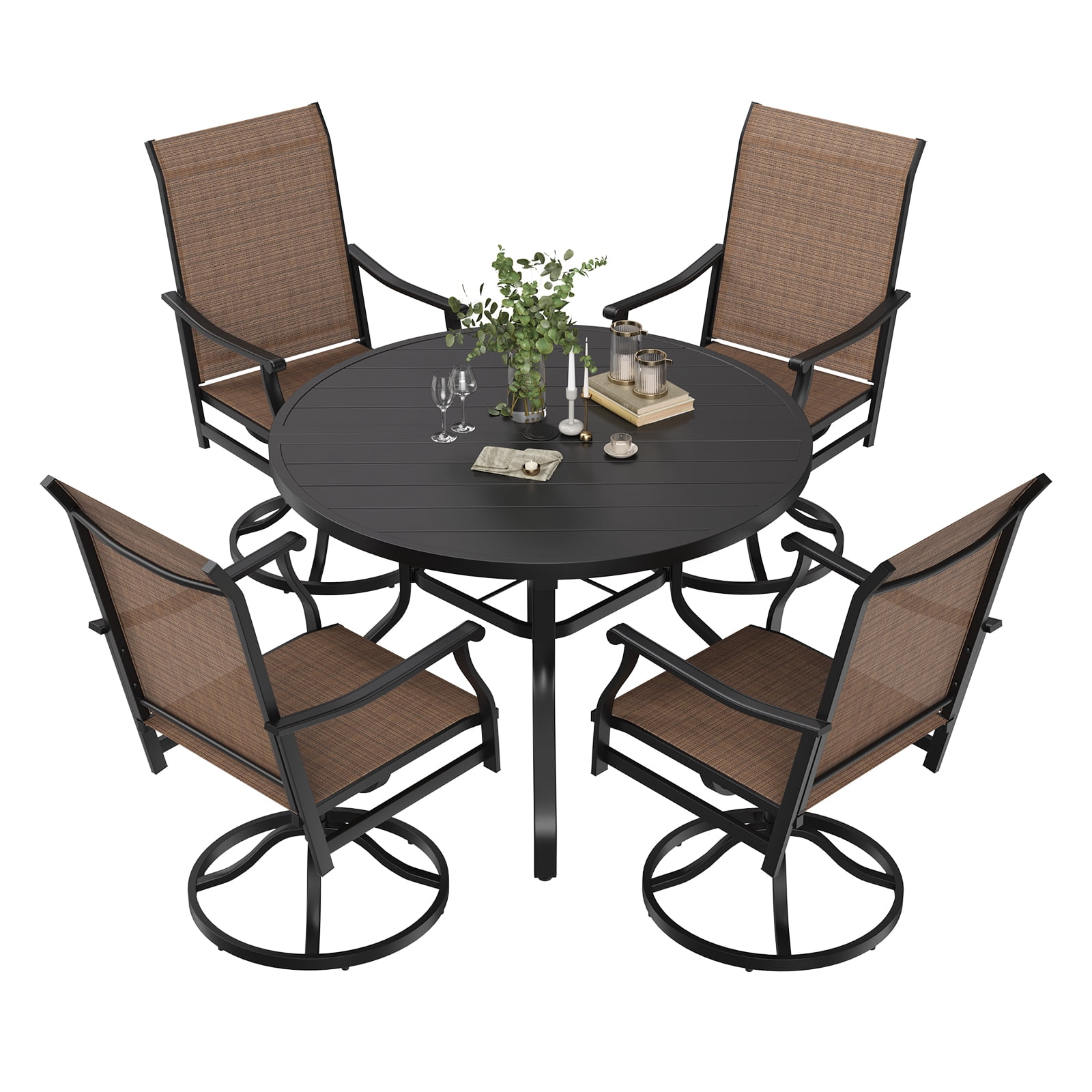 STARY 5 Pieces Outdoor Dining Set with 1.57" Umbrella Hole, Patio Swivel Dining Textilene Chairs and 41.3" Iron Round Table for 4 People, Backyard